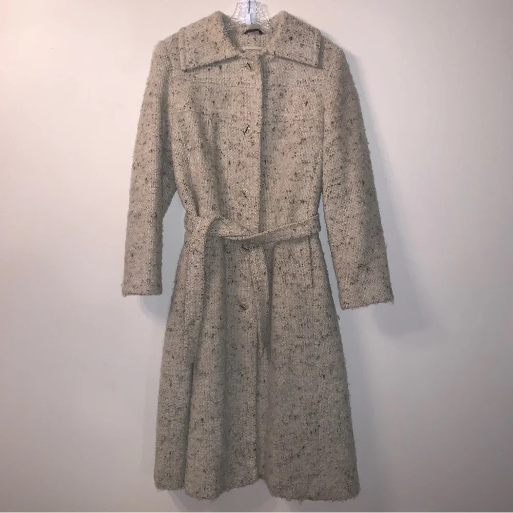 Vintage Club Prive Belted Wool Mohair Blend Tweed Long Coat